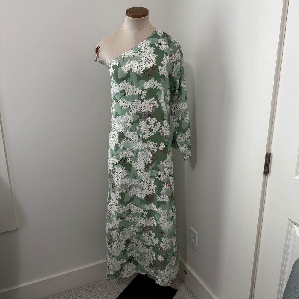 Bernadette 36 Lola One Shoulder 100% Silk Green Floral Maxi Dress